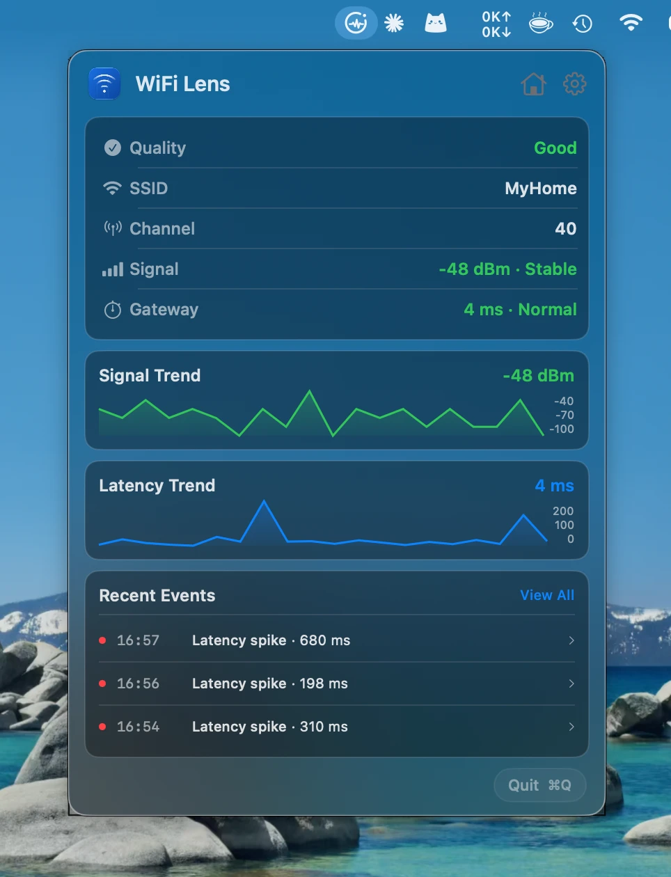 Menu bar popover showing live Wi-Fi status with current network, signal, and channel