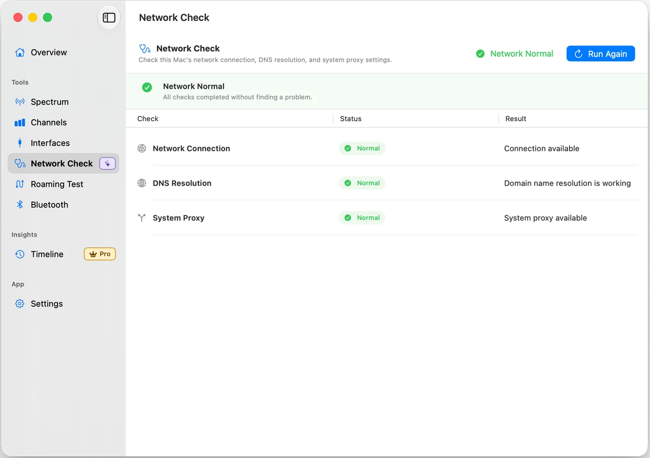 Network Self-Check workspace showing connectivity, DNS, and proxy diagnostic results