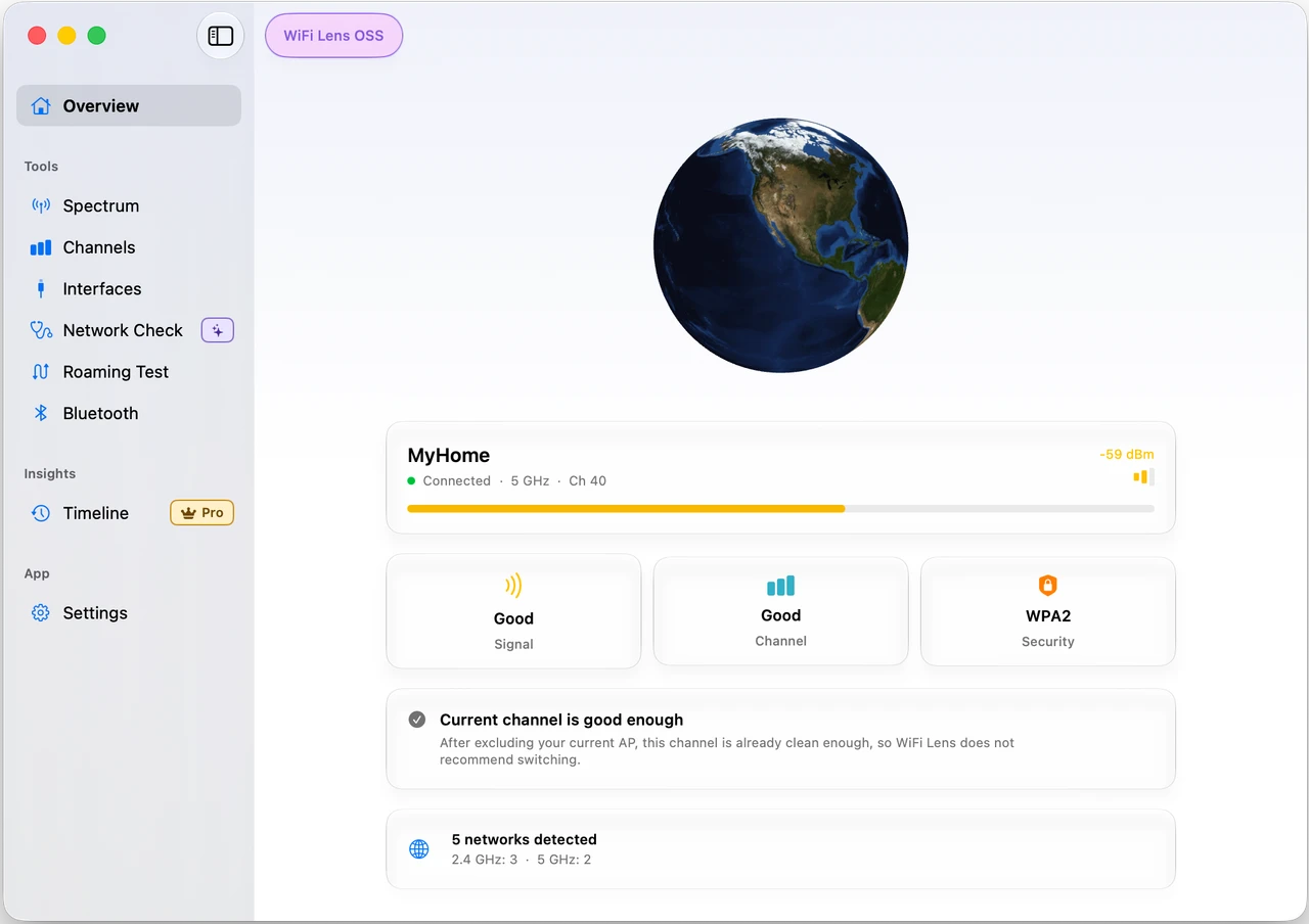 Overview dashboard showing current Wi-Fi health, signal strength, and channel recommendations