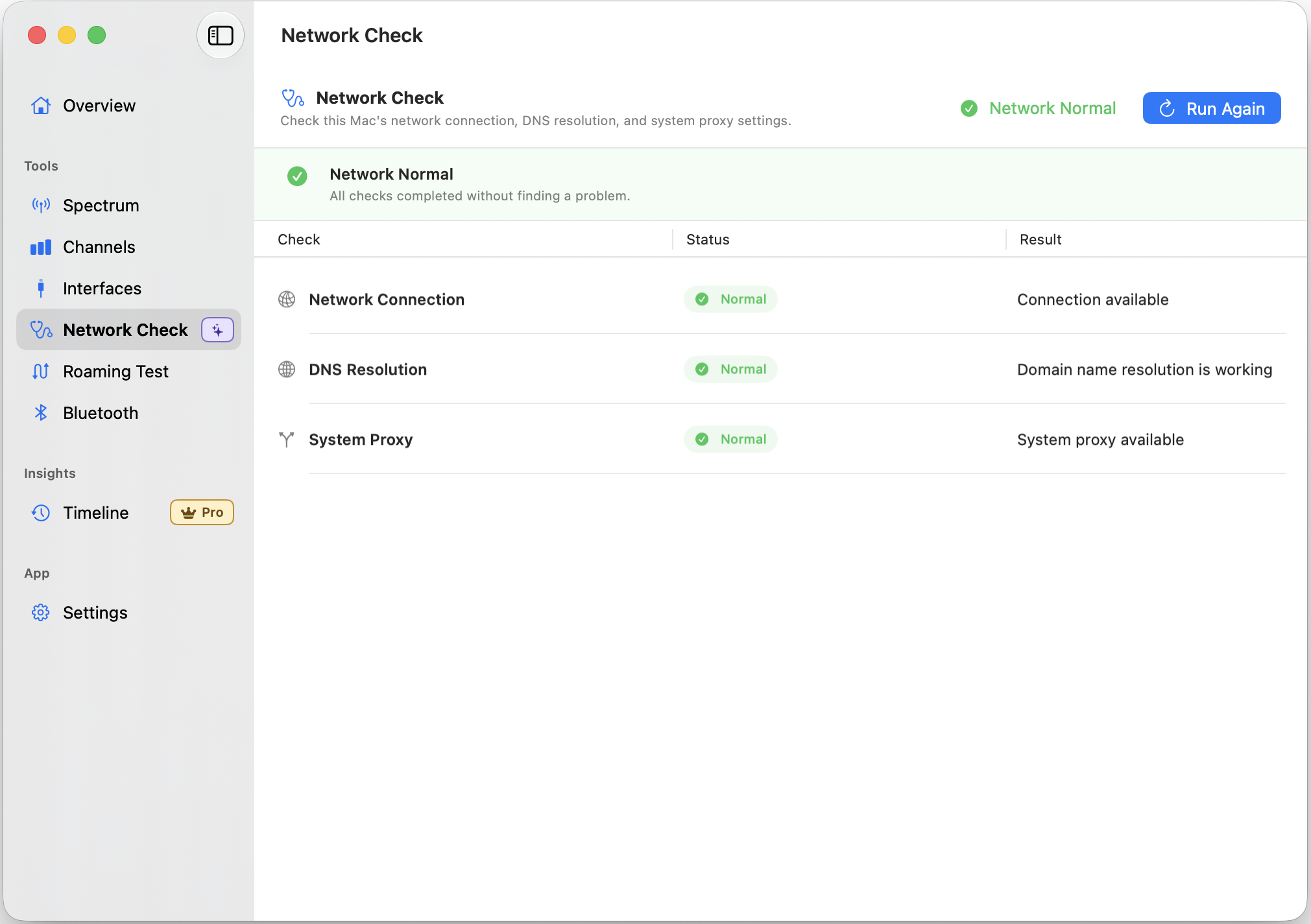 WiFi Lens Network Self-Check showing DNS and system proxy results on macOS